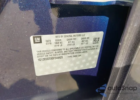 2016 Chevrolet Malibu 1Lt из США, поврежденный, VIN 1G1ZE5ST0GF344425